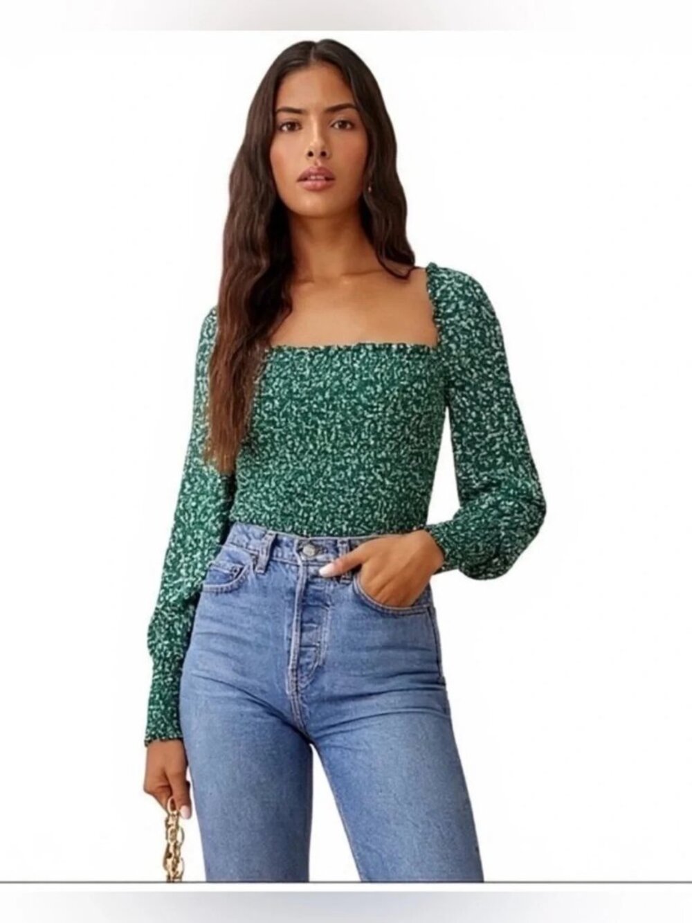 Reformation Green‎ White Floral Smocked Pinto Puff Sleeve Top